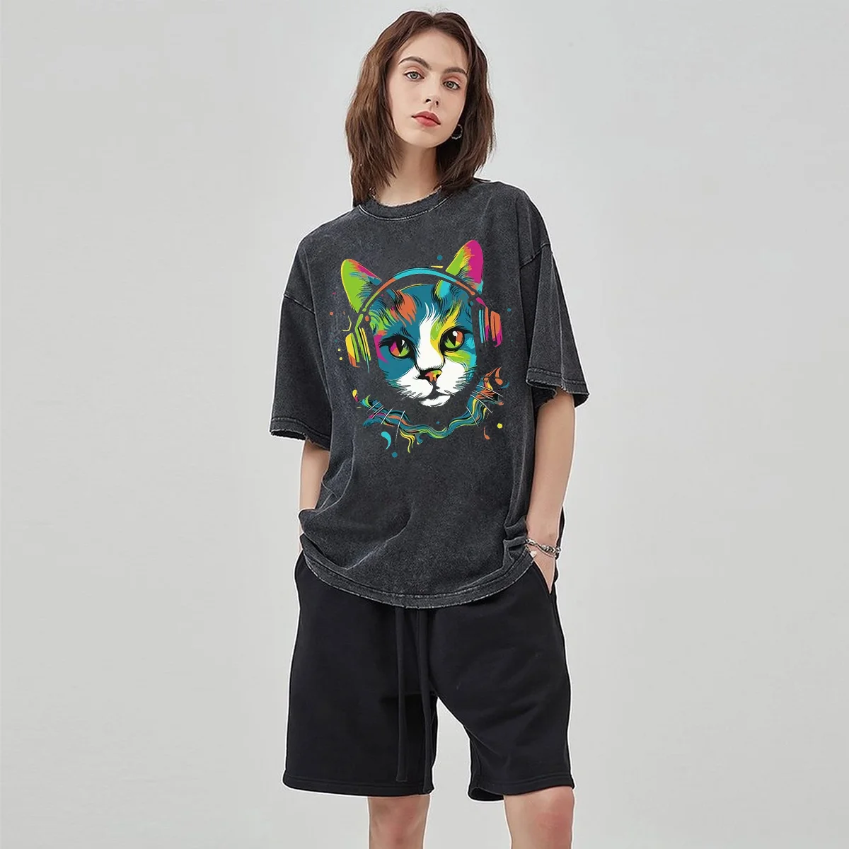 

2024 Summer New Women's Short Sleeve Oversized Cartoon Animal Print Washed Denim Unisex T-Shirt Retro Harajuku Style Wear Men