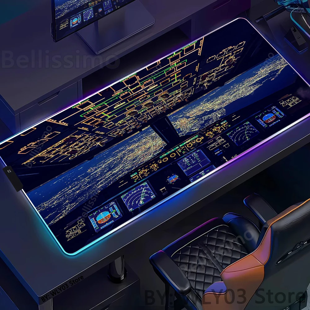 แผ่นรองเมาส์ลายมาตรวัดความเร็วเครื่องบิน RGB แผ่นรองเมาส์ลายแผงหน้าปัดเครื่องบิน แผ่นรองเมาส์สำหรับเล่นเกมบนพีซี แผ่นรองโต๊ะเล่นเกม แผ่นรองเล่นเกมลายห้องนักบิน แผ่นรองเล่นเกมแบบมีไฟ LED พรมสำหรับอีสปอร์ต