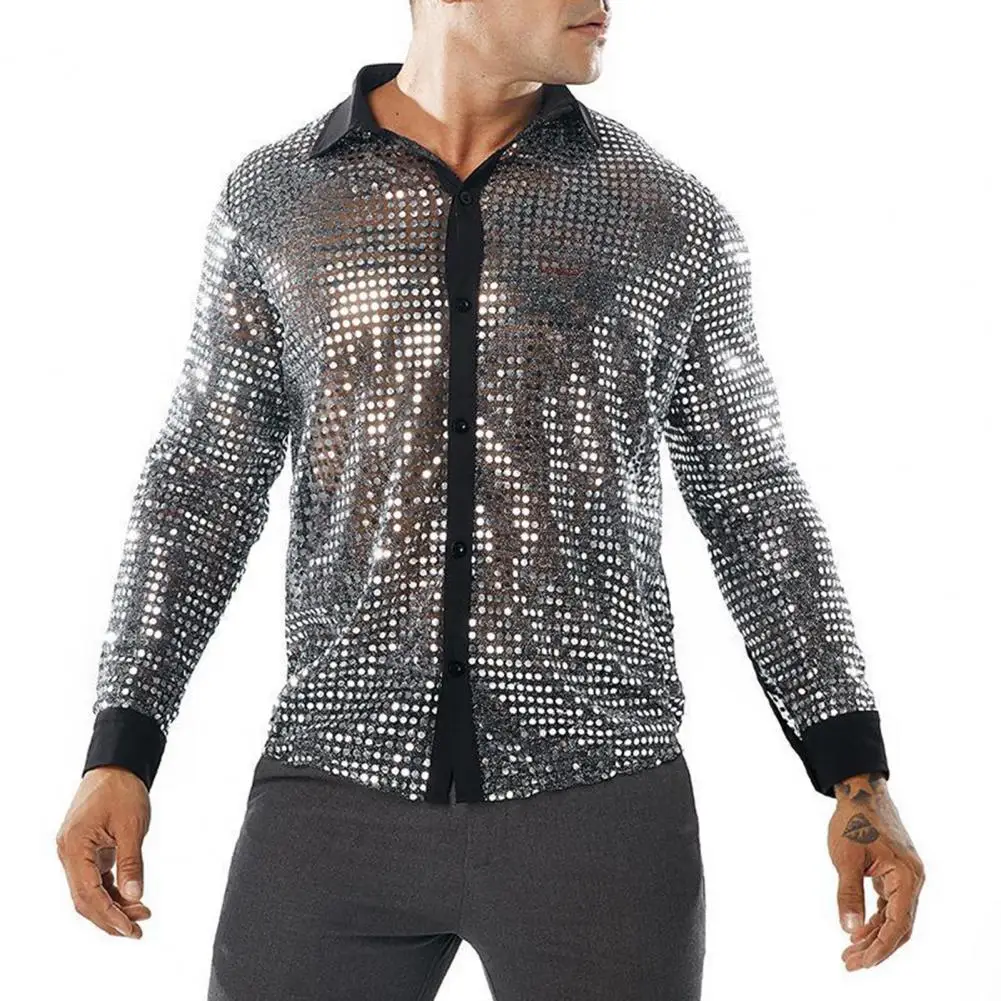 Camisa Vintage para hombre de los años 70, camisa de discoteca con solapa de lentejuelas para hombre, brillante, ajustada, de un solo pecho, para fiesta y actuación en Club