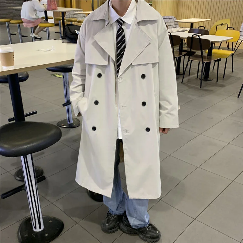 

Grey Khaki Black Trench Coat Men Fashion Casual Double Breasted Long Coat Men Korean Loose Windbreaker Jacket Mens Overcoat