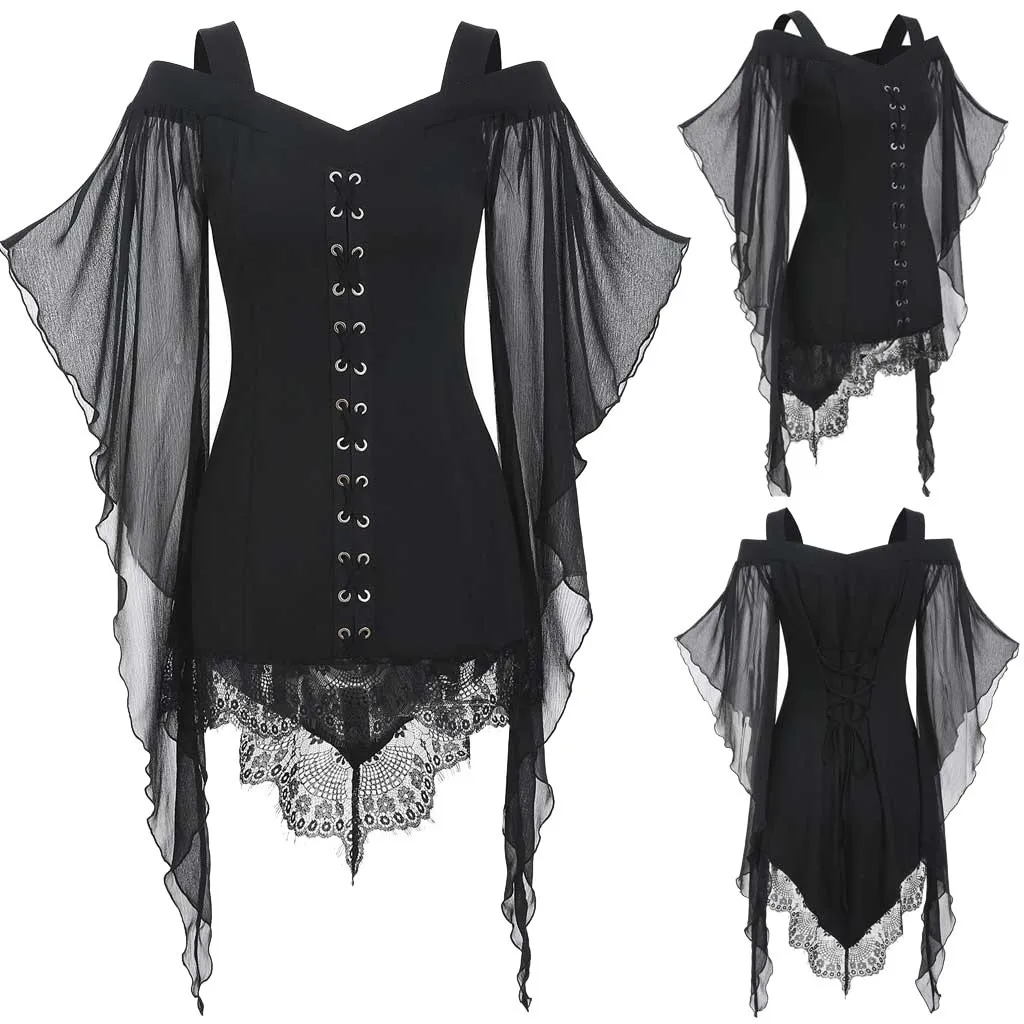 2023 Victorian Steampunk Costumes Regular chiffon Women Lace  Medieval Gothic Cosplay Lace Up Dress Suit Halter Tops