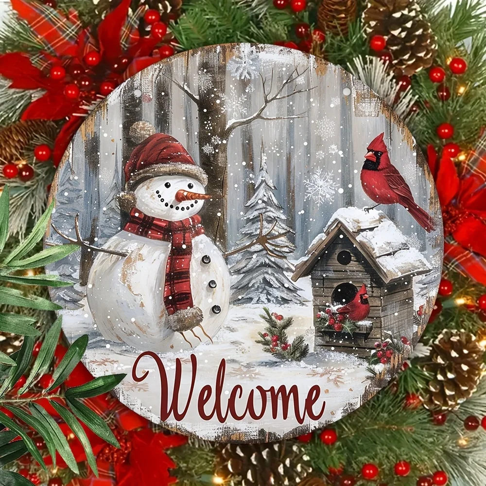 1pc，Charming Wooden Wreath Sign with Christmas Snowman & Cardinal - 20cm x 20cm Welcome Plaque for Home, Kitchen, Garden, Yard