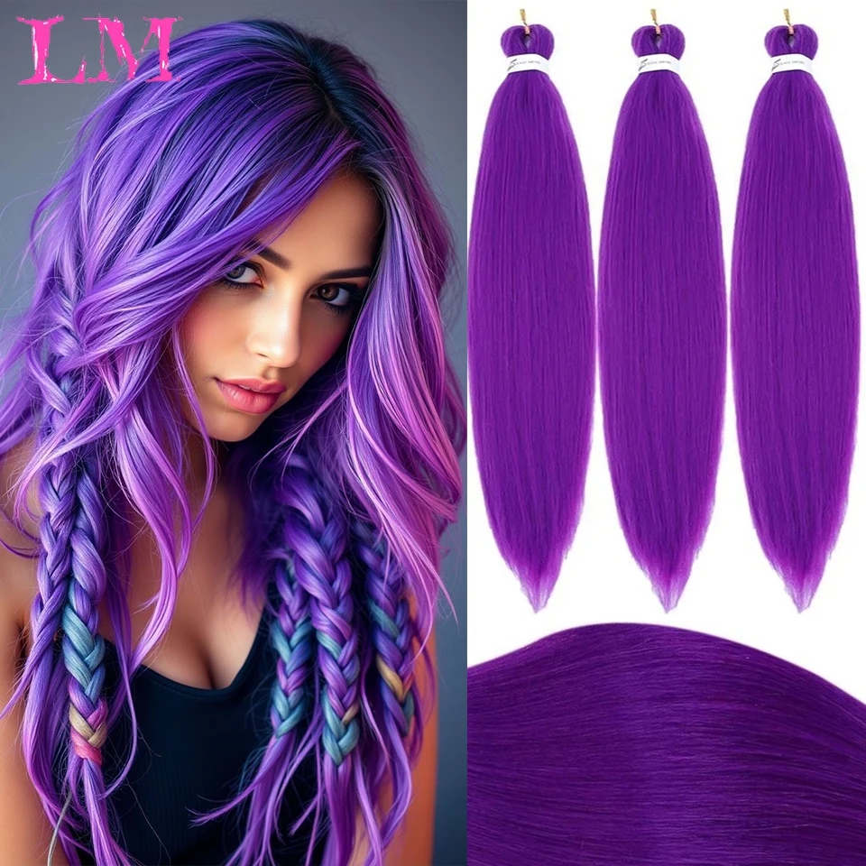 LM Synthetic Braiding Hair Pre Stretched Soft Yaki Synthetic Crochet Hair Braid Extension Hot Water Setting Green Pink Hair