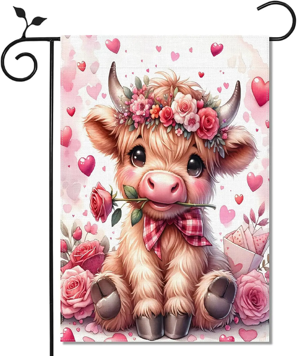 Valentine's Day Highland Cow Garden Flag Cute Fluffy Cow with Heart Scottish Highland February Decoration Lawn Yard Pati AAS