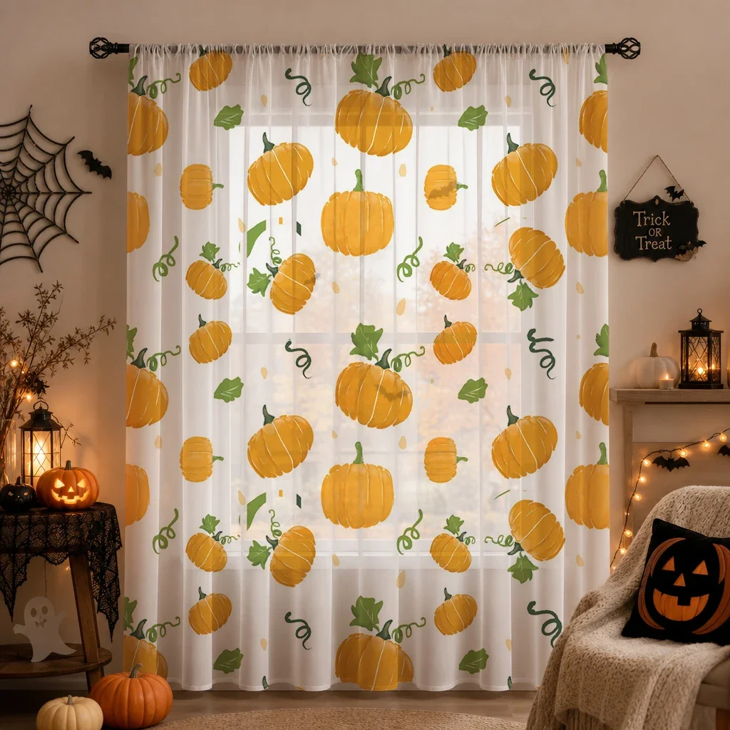 Halloween Sheer Curtain Rod Pocket Halloween Gift Privacy Light‑Filtering Voile Window Drape for Living Bedroom Kids Room Party