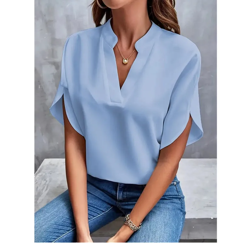 Women Solid Color Shirt Summer Short Sleeve V-Neck Casual Loose T-shirt Blouse Fashion Street Lady Personalized Work Shirt