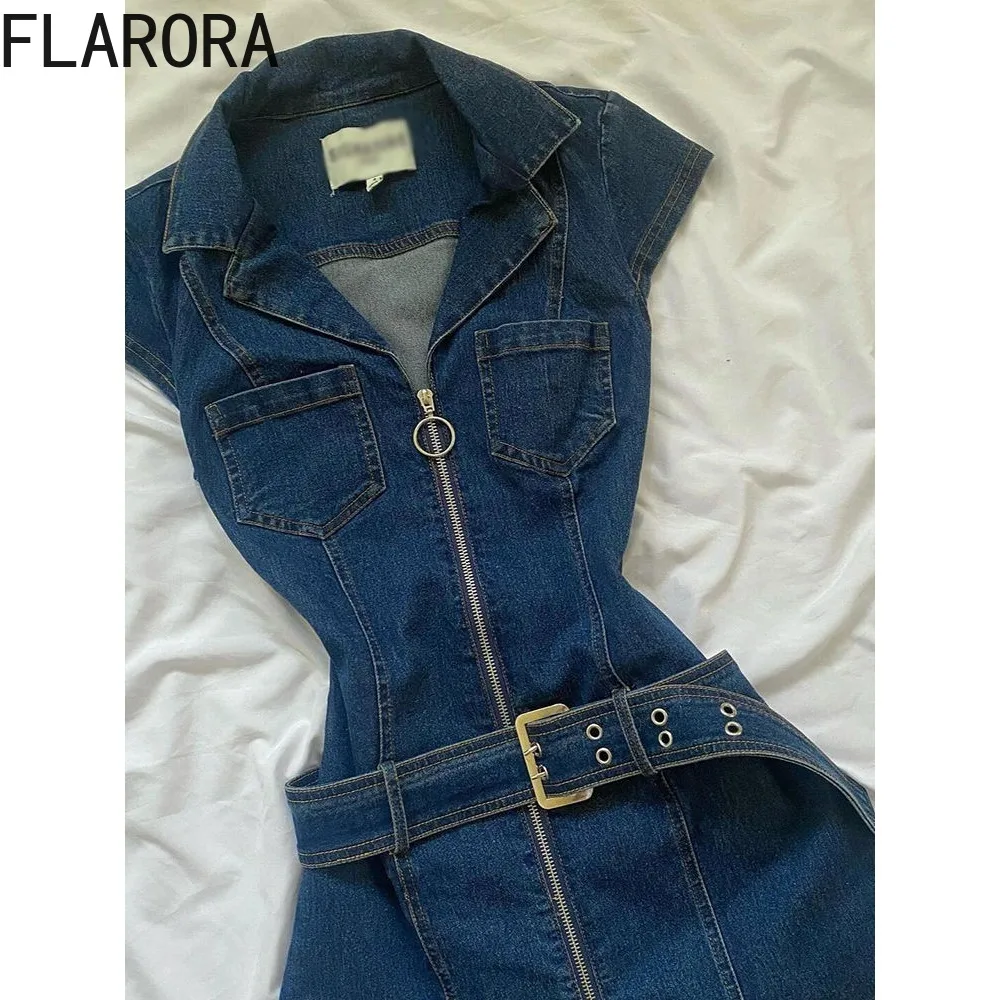 

FLARORA Vintage Blue Denim Dresses Woman Lapel Sleeveless Slim Fit Mini Dress Summer Y2k Streetwear Trend Female Cowboy Vestidos
