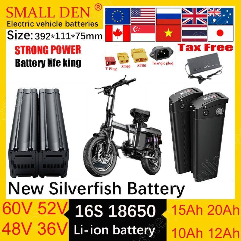 New 36V 48V 52V 60V 10Ah 12Ah 15Ah 20Ah 18650 high-capacity lithium battery pack Suitable for Silver Fish motors below1500W1800W