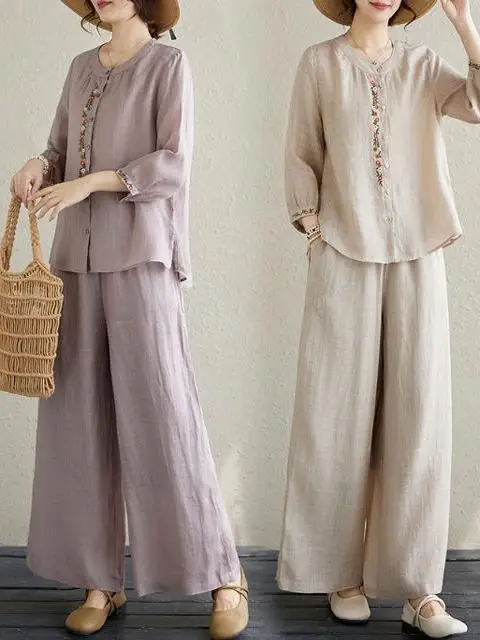 

Новый китайский комплект из хлопка и льна в стиле ретро с вышивкой, женские широкие брюки, свободные повседневные брюки, комплект из двух предметов, летняя мода