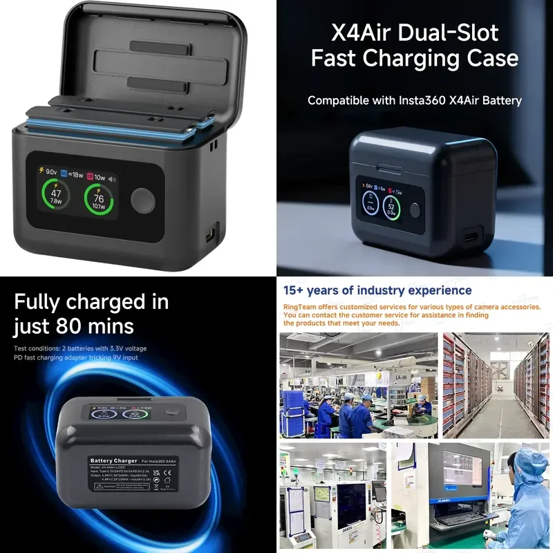 2 Bay Dual Slot Charger for Insta360 Camera X4Air Battery USB-C Fast Charge PD Input 1.47 Inch Color Screen Storage Case