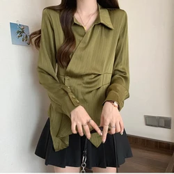 Spring Autumn New Solid Color Fashion Long Sleeve Shirt Women High Street Button Patchwork Cardigan Elegant Asymmetrical Tops