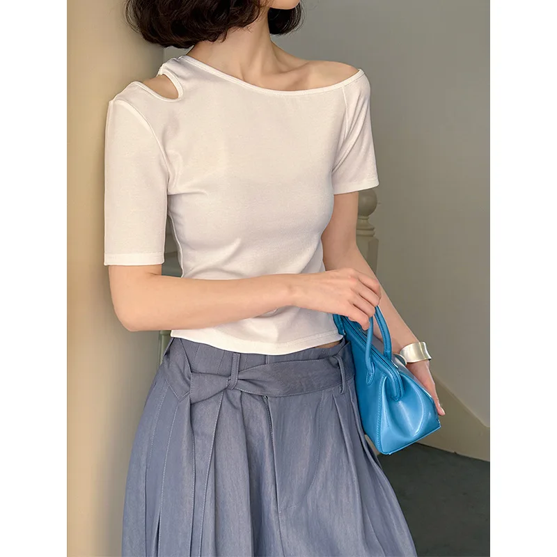 Spring New Design Off-shoulder Top T-shirt One-Shoulder Asymmetric Slim and Short Sleeve