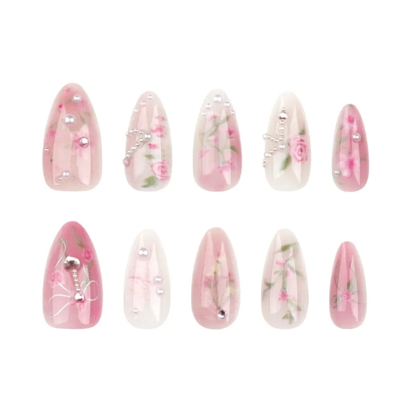 24pcs Summer Sweet Pink Roses Flower Medium Long Almond Nail Art Nails Set Press on Acyrlic Fake Nails Set Nail Tips with Charms