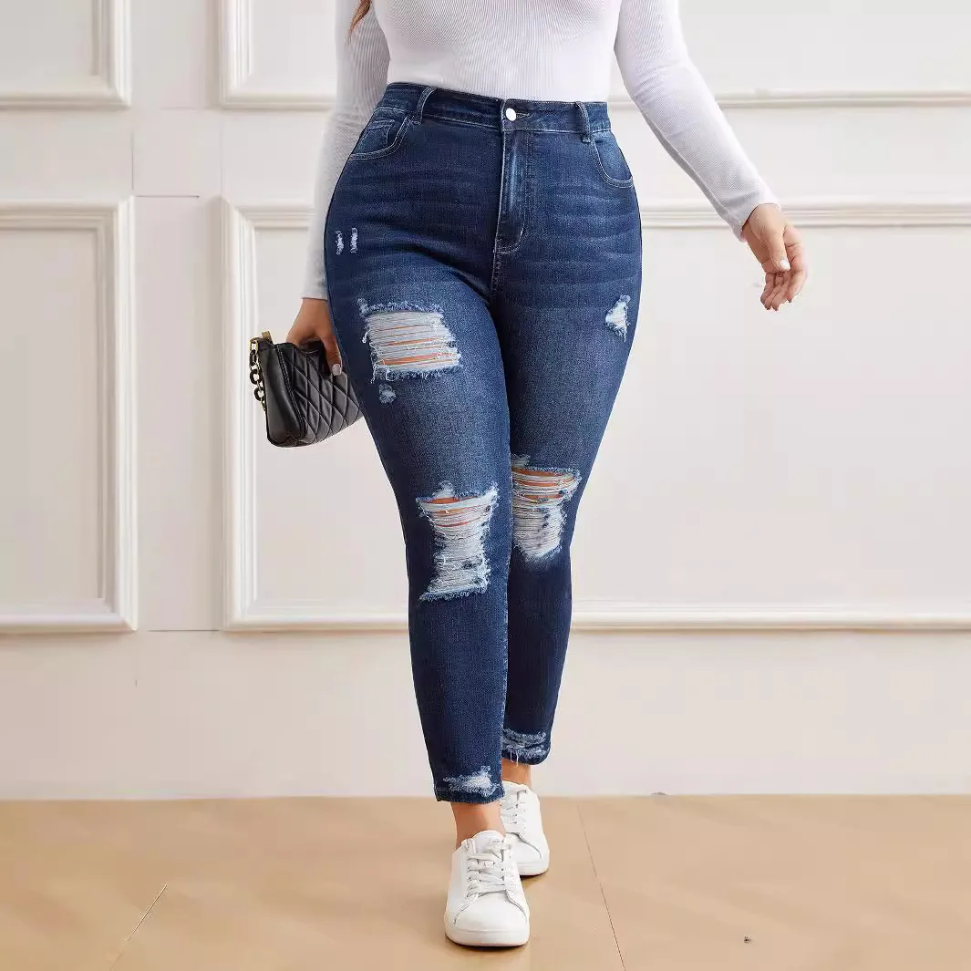 

Джинсы женские больших размеров, комфортные, эластичные, с высокой талией, в уличном стиле, с дизайном «дырки», модные повседневные брюки