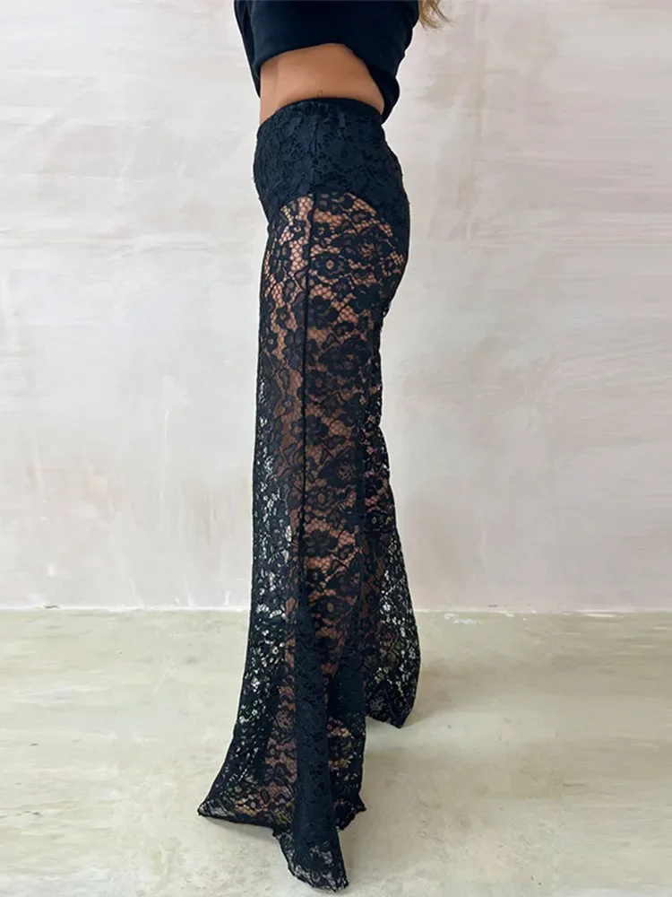 Sexy Women Sheer Lace Pants Transparent Y2K High Waist Wide Leg Flare Pants Ladies Bell-Bottoms Trouser 2025 New Club Streetwear