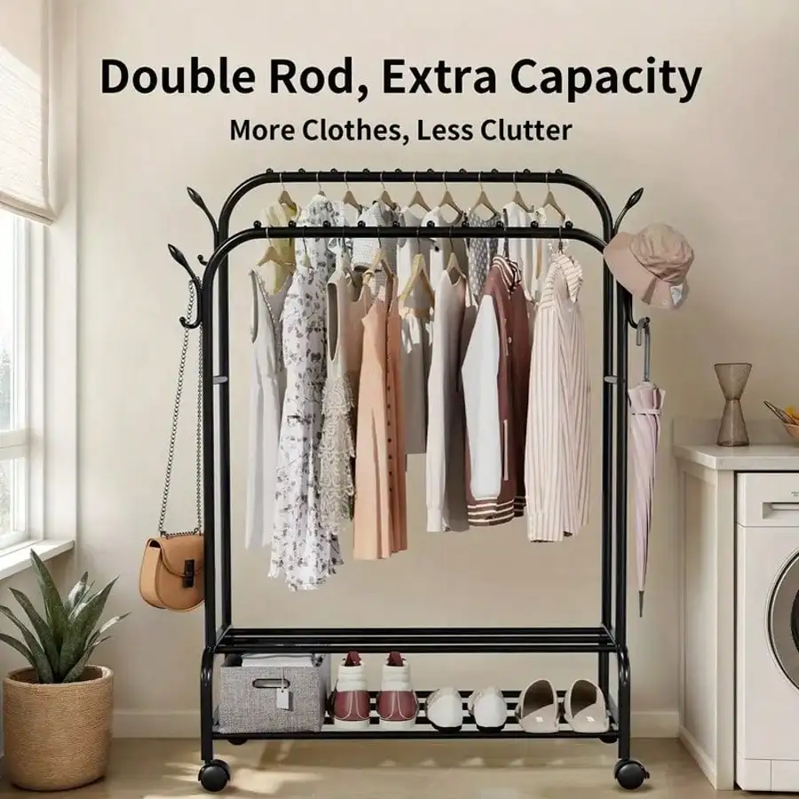 

Garment Rack With Wheels Clothing Rack For Hanging Clothes Multi-Functional Bedroom Clothes Rack,Black+Double Rod Black