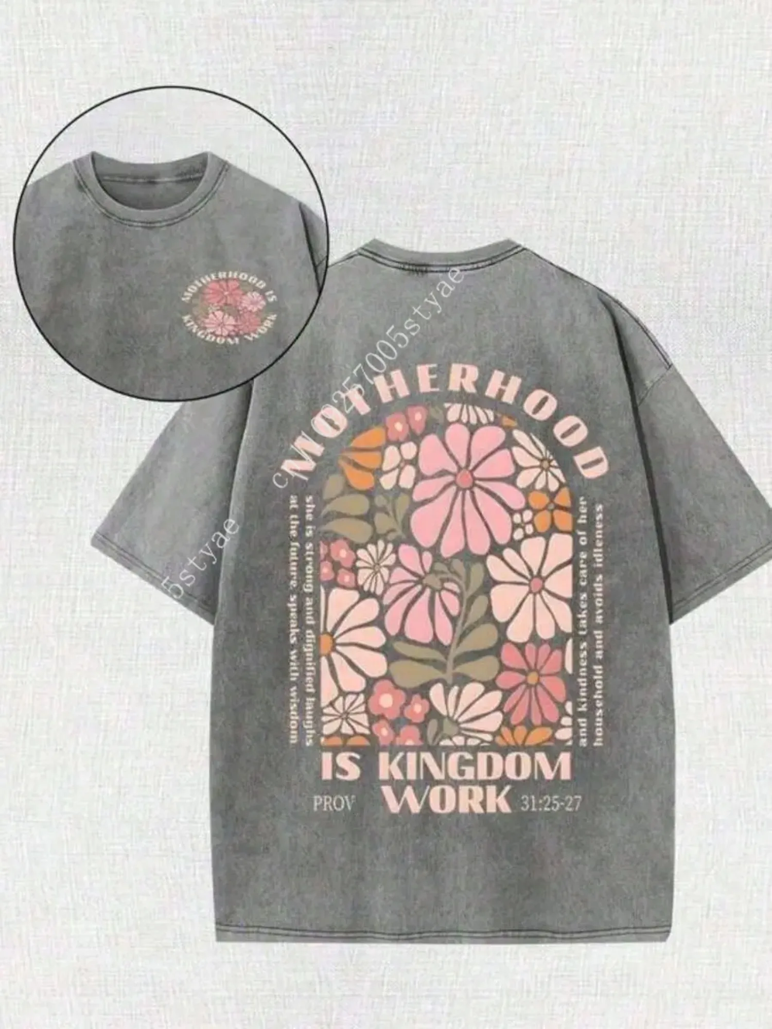 

2026 "Motherhood Is Kingdom Work" Christian Graphic Tee | Double-Sided Print with Proverbs 31:25-27 & Floral Design, 230gsm Vint
