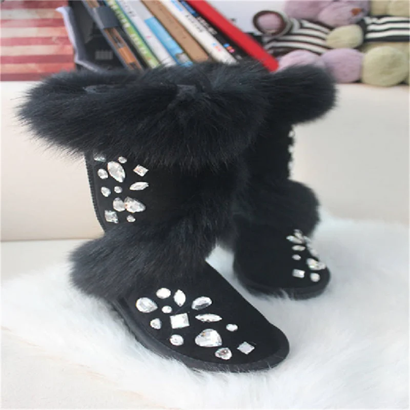 Natural fox fur luxury custom rhine-diamond high tube large size fur one snow boots warm women's cotton shoes 35-44