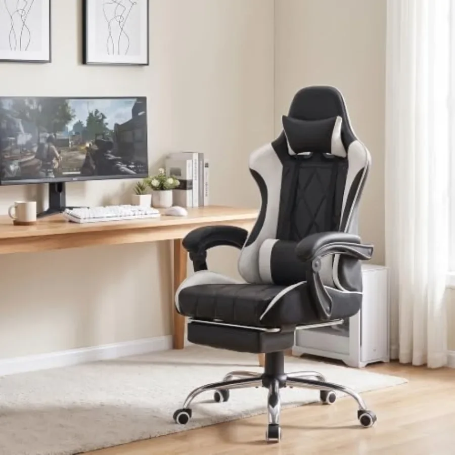 Gaming Chair for Home Office Use, PU Leather in Black with Ergonomic Lumbar Massage, Adjustable Footrest and High Back Support
