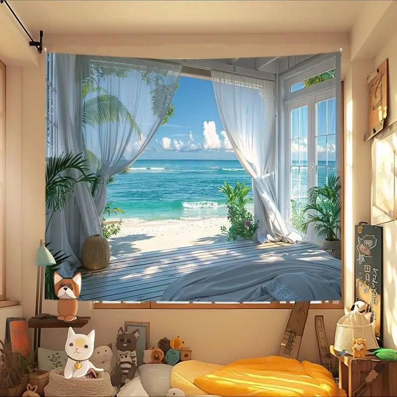 ins Seaview french window tapestry Cure seaside beach palm tree scenery background cloth tapestry room decoration