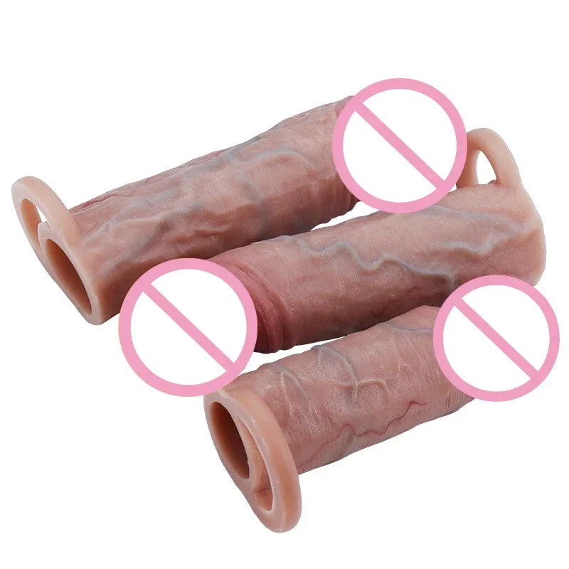 Realistic Penis Sheath Reusable Silicone Condom Cock Extension Sex Toys Artificial Dick Enlargement Extender Men Penis Sleeve