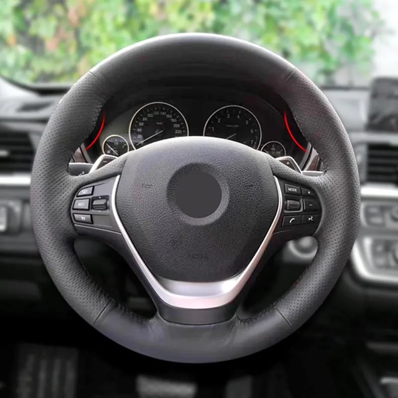 Car Steering Wheel Cover For BMW F20 F21 F22 F23 F30 F32 F34 F33 F36 Black Perforated Microfiber Leather w/ Needles & Threads