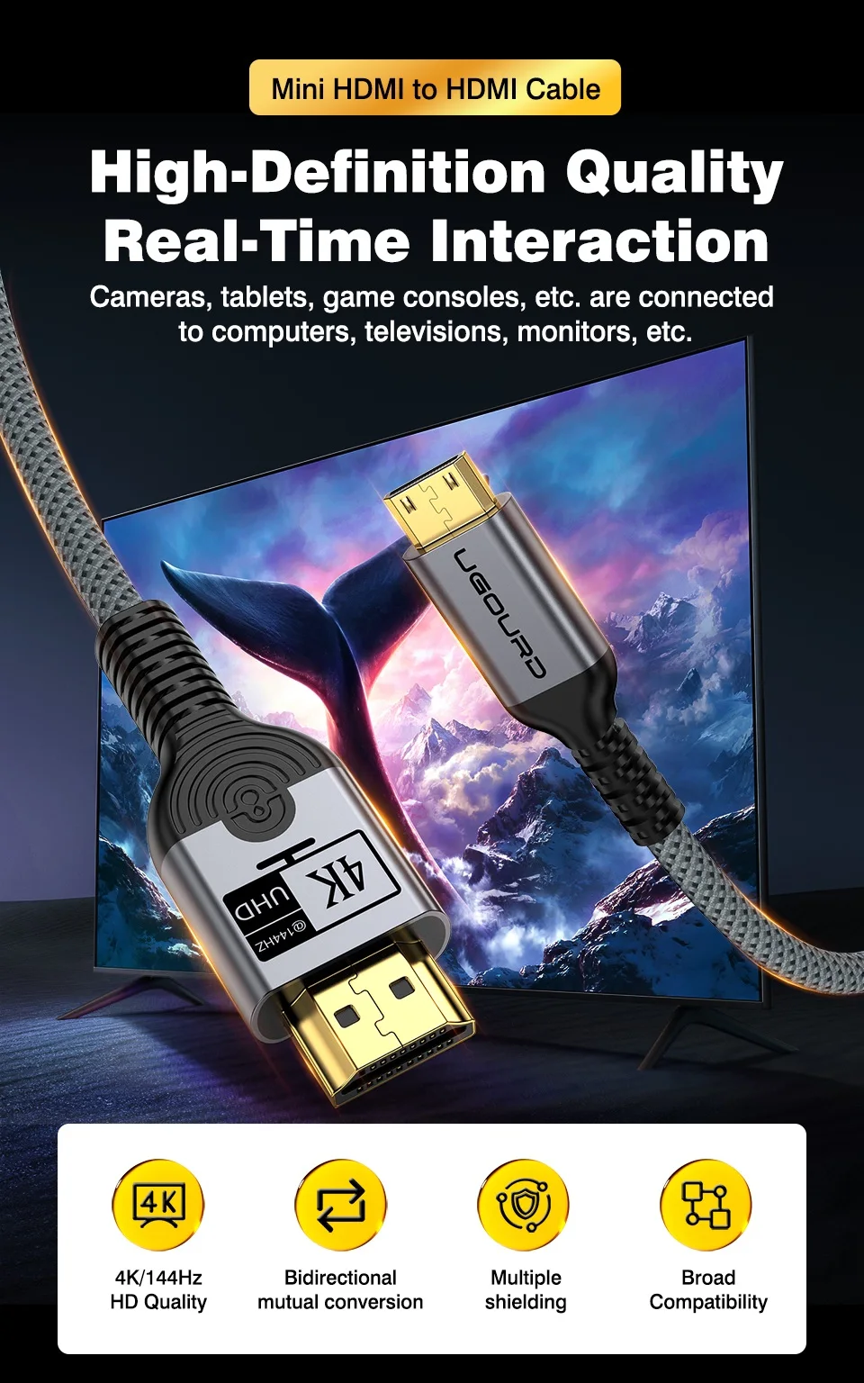 UGOURD 4K 144Hz HDMI-zu-Mini-HDMI-Kabel, bidirektionales Micro/Mini-HDMI-zu-HDMI-Kabel, 4K@60Hz für Raspberry Pi Kamera DV 2K165Hz – Detail 1