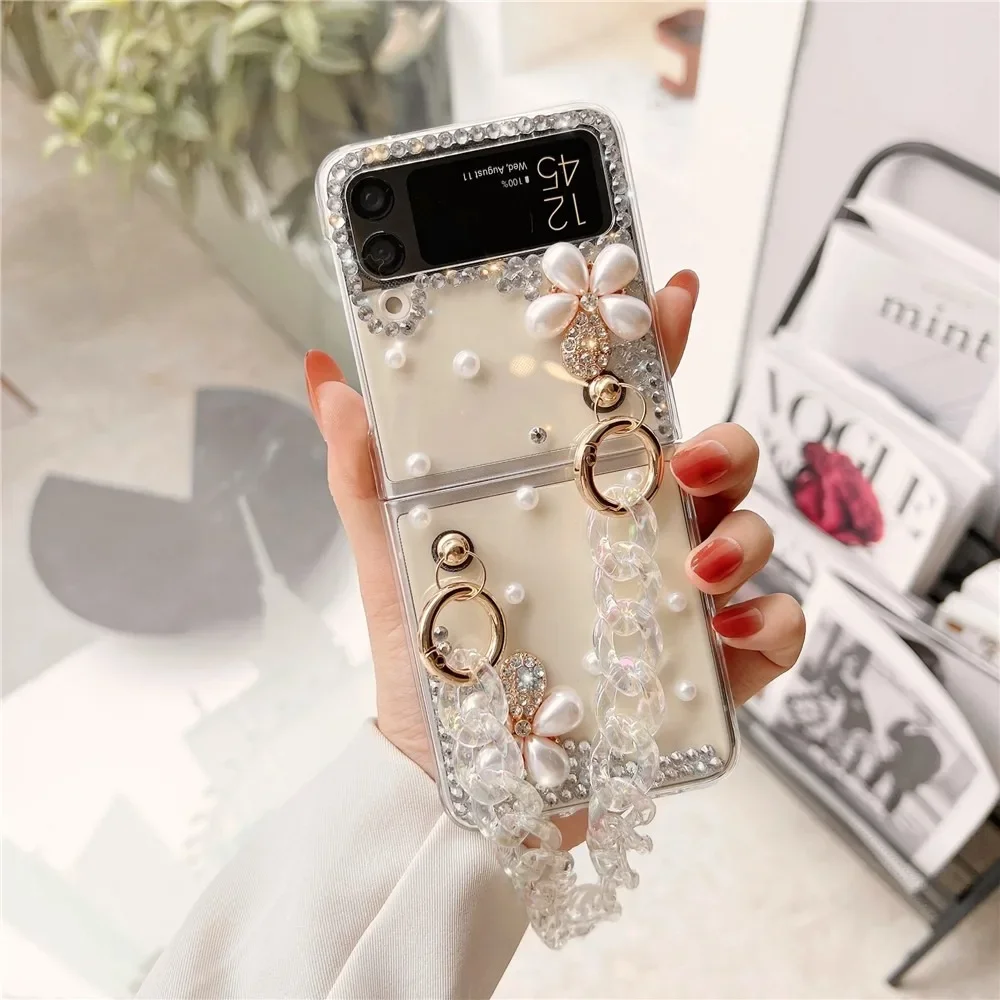 

Luxury Bling Rhinestones Crystal Pearl Flower Crown Heart Wrist Case Capa For Samsung Galaxy Z Flip1 2 Z Flip 4 3 5G Phone Cover