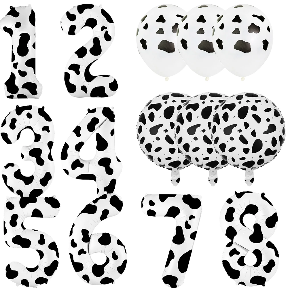 1set Cow Pattern Balloons White Black Cow Pattern Number Balloon for Kids Farm Animal Cow Pig Happy Birthday Party Decoration