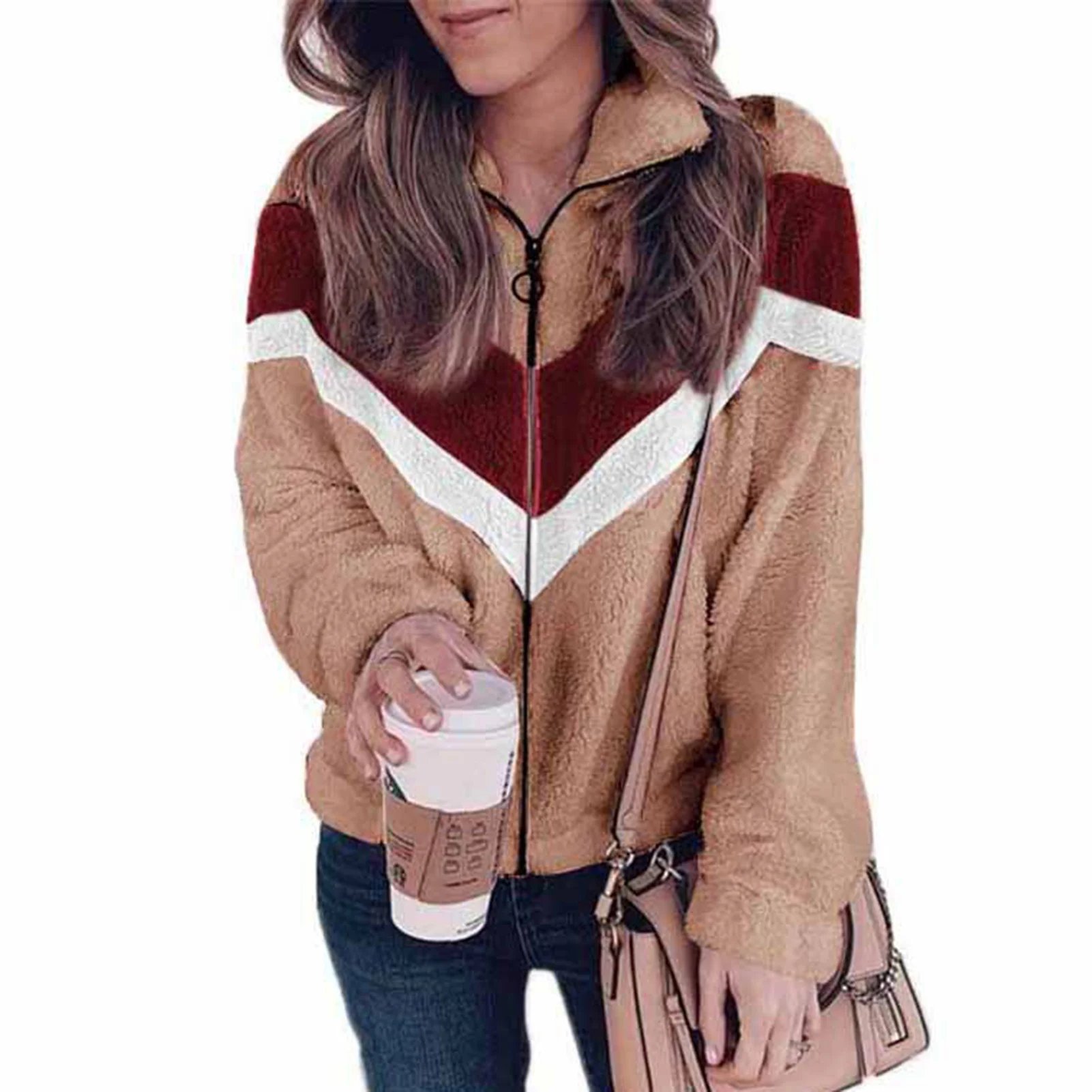 Women's Contrasting Plush Jacket Lapel Collar Warm Plush Lining Coat for Cold Weather Outdoor Wearing