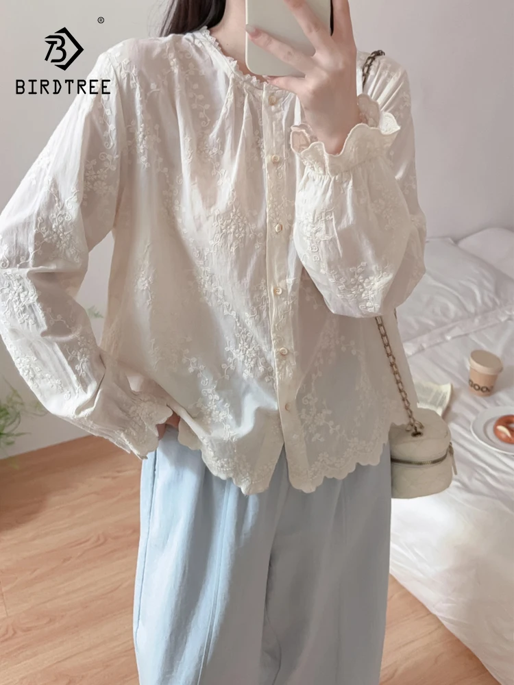 جديد 2025 الخريف قميص قطني بكم طويل ، المرأة تكدرت الدانتيل والتطريز ، موري فتاة الأدب الفرنسي شيك بلوزة فضفاضة T58056CC