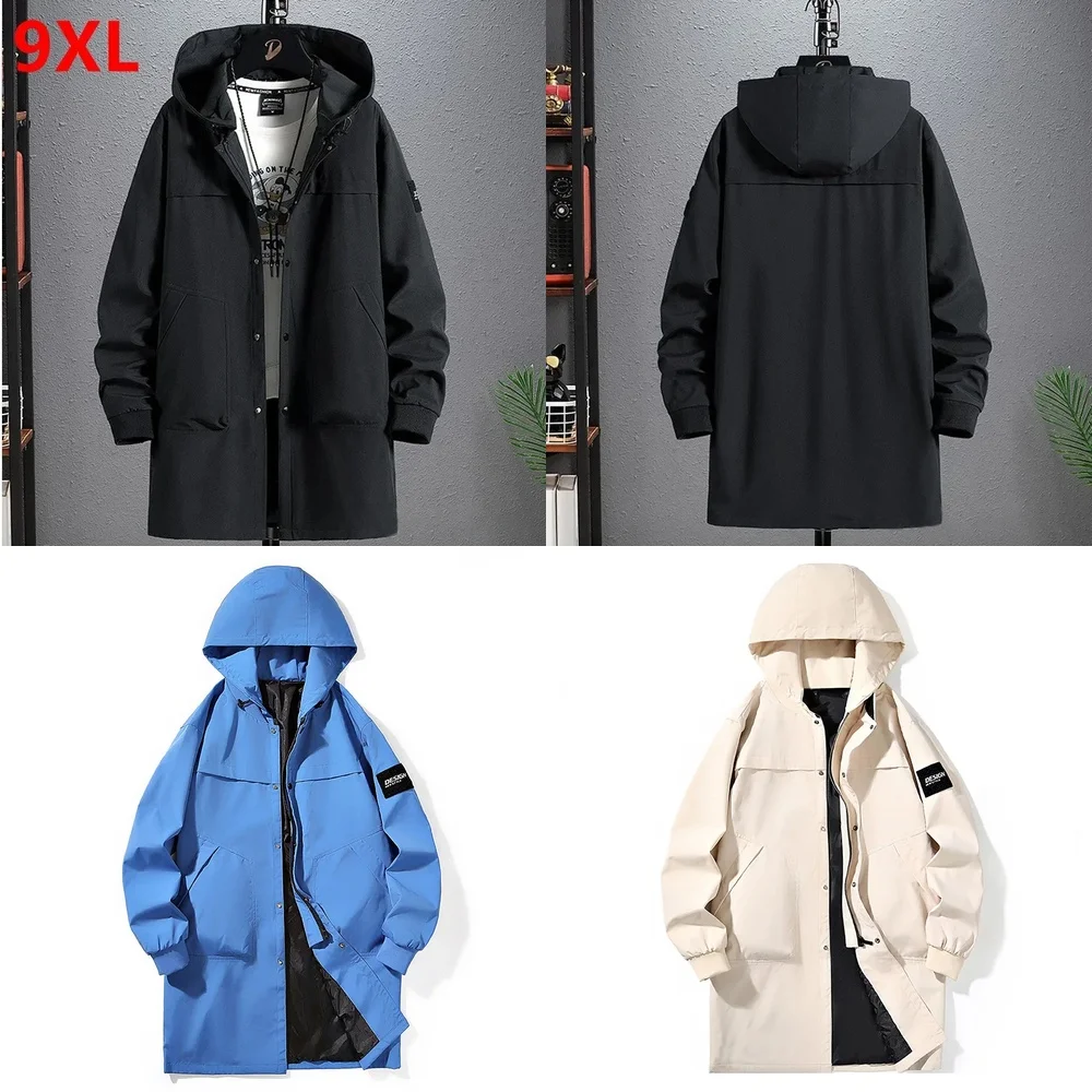 

Long Windbreaker Jacket for Men Hooded Trench Coat Plus Size Up to 9XL