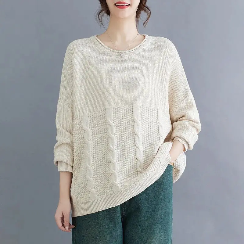 

Round Necked Pullover Knitted Splicing Sweater Solid Color Large Size Long Sleeved Casual Bottom Top For Women Blusa Z4451