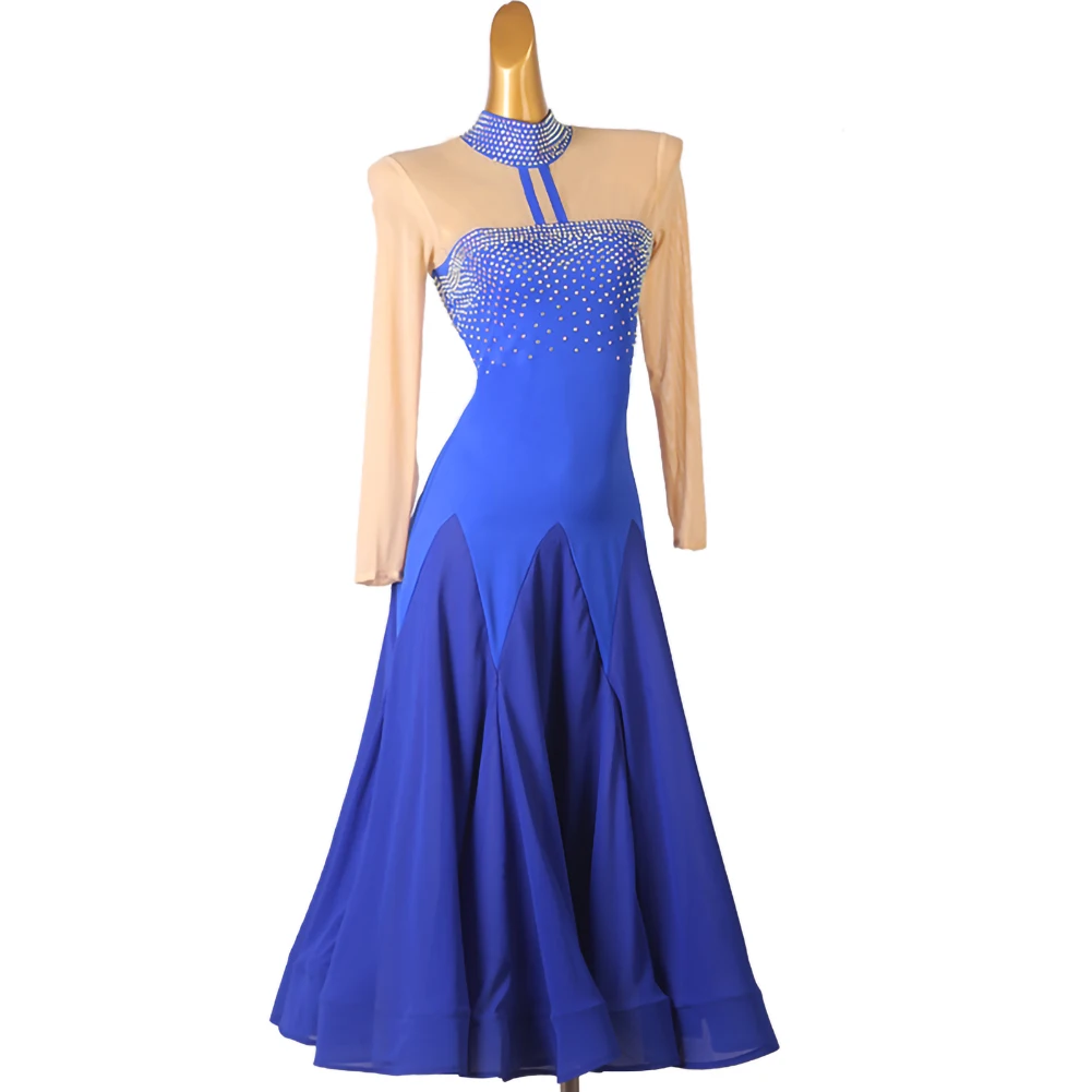Modern Dance Waltz dress 2025 New Rhinestone Royal Blue Elegant Party Long Sleeve Women Luxury Ballroom Practice Dress