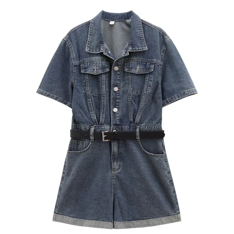 Pop Sommer Neue Stil Arbeitskleidung Denim Overall Shorts Für Frauen Mit EINEM Gürtel Taille Für Abnehmen Wirkung Gerollt Rand Breite Bein Hose