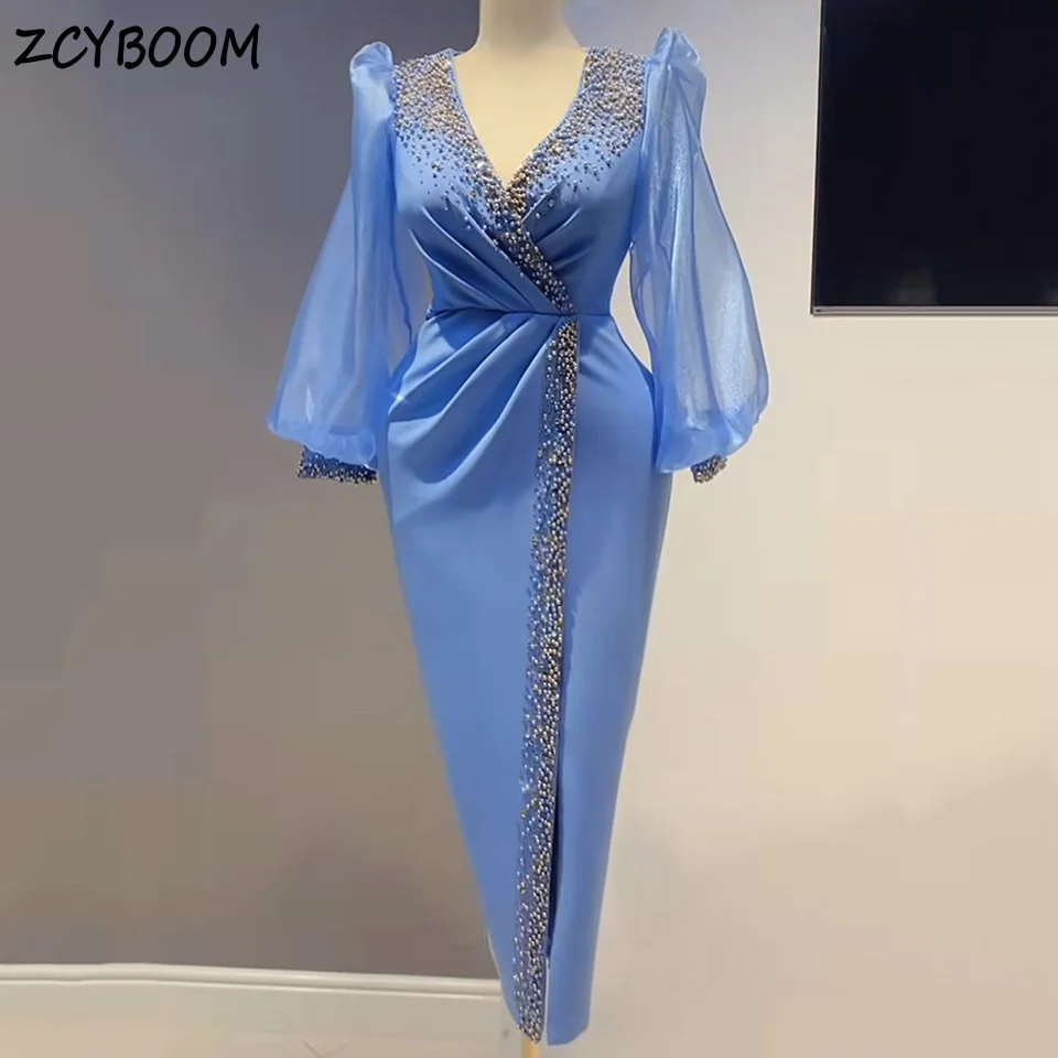 

Luxury V-Neck Pearls Lantern Sleeves Evening Dress 2024 Mermaid Side Slit Tea Length Custom Made Stain Zipper Prom Dress