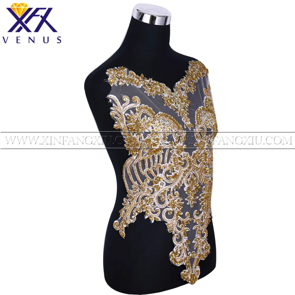 XFX VENUS 1 Piece Pretty Gold Beads Rhinestone Patches Beaded Bodice Embroidery Applique Crystals Applique for Wedding Dresses