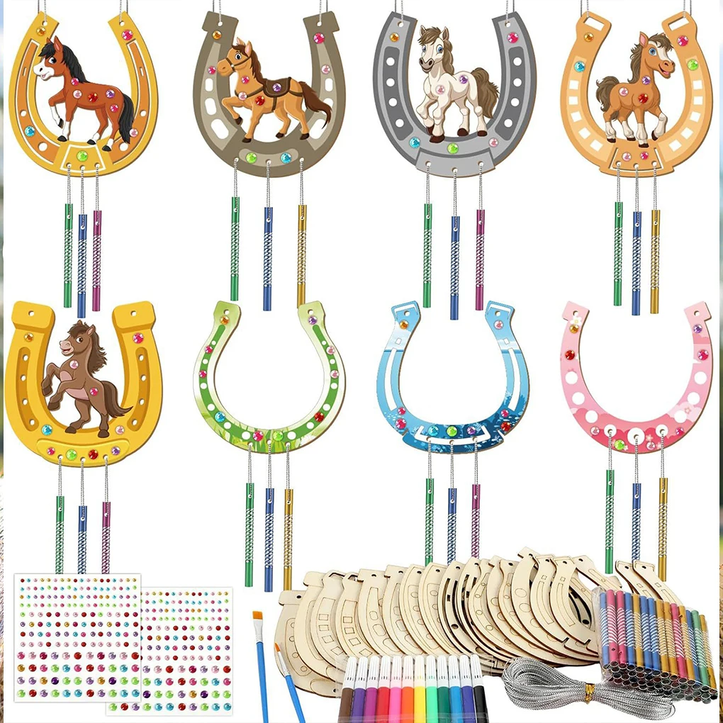Kit de carrilhão de vento diy, carrilhão de vento de madeira, ferradura inacabado, conjunto de pingente para crianças, pintura