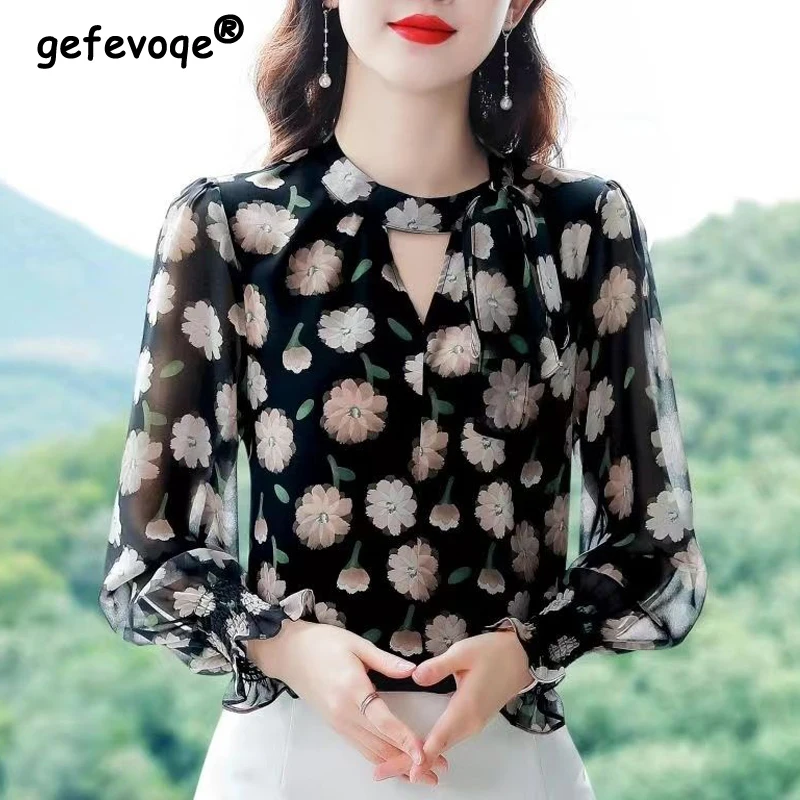 Women Hollow Lace Up Floral Print Elegant Chiffon Blouse Spring Summer Fashion Casual Sweet Thin Shirts Long Sleeve Tops Female