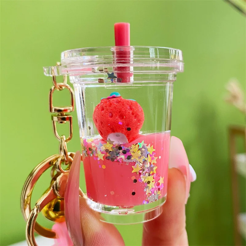 Floating Sequins Fruit Strawberry Acrylic Pentagram Rocket Keyring Liquid Oil Quicksand Bottle Keychain Women Bag Pendant Gift