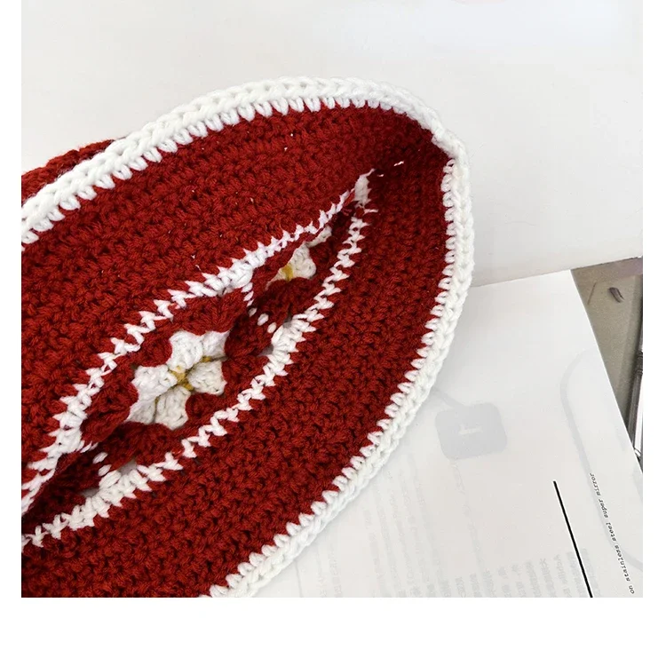 2026 NEU Japanische handgefertigte Blumen- und Karomuster-Häkel-Eimerhüte für Damen, Sommer-Fischermütze mit Farbkombination, gestrickte Strandmütze für Mädchen, Y2k – Detail 6