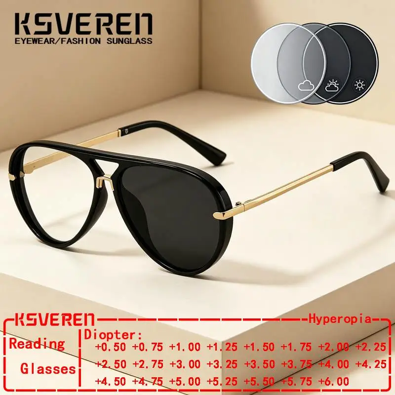 

Designer Metal Pilot Photochromic Reading Glasses Men Women Fashion Prescription Presbyopia Eyewear Sun Discolor Eyeglasses