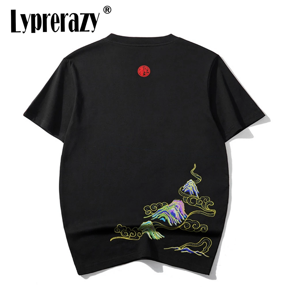 Lyprerazy Chinese Style Mountain Embroidery T-shirt Men's Summer Cotton Round Neck Short-sleeved T shirt
