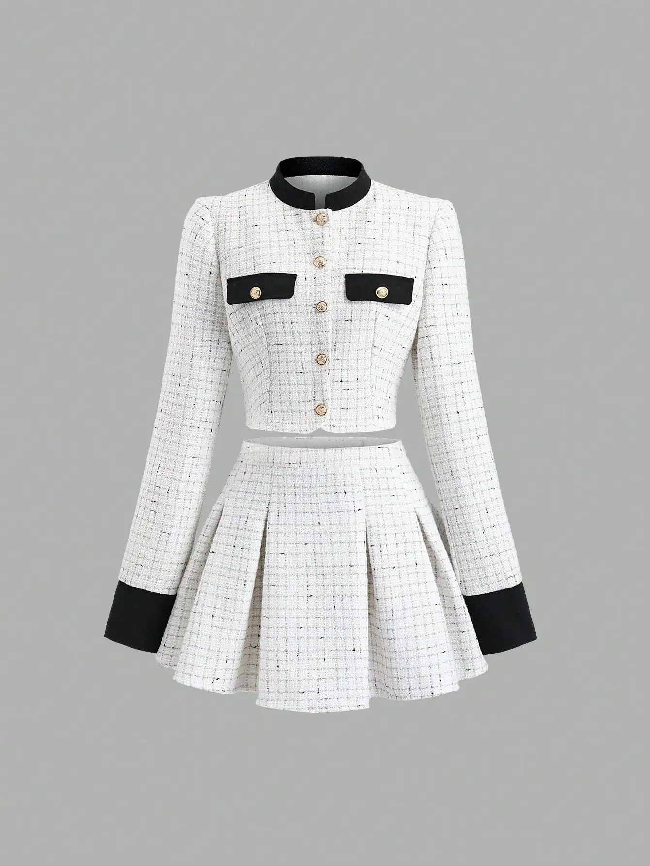 여성용 트위드 투피스 세트: 긴 소매 재킷 & 플리츠 스커트, 대비 트림, 빈티지 스타일