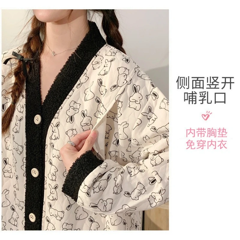 Plus Size Winter Maternity Women Pajamas with Chest Pads Cute Print Nursing Nightgown Side Open Breastfeeding Home Clothes