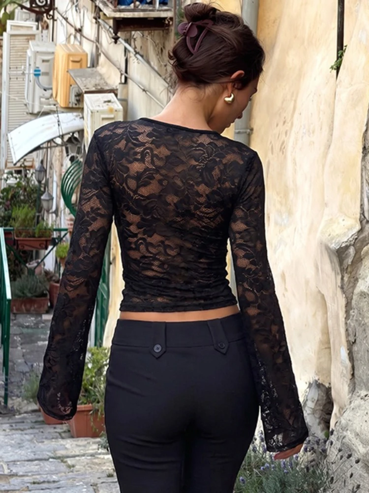 FDYOUI Square Collar Lace Patchwork T-shirt for Women Long Sleeve See-through Tees Tops Female Slim Corset T Shirts Streetwear