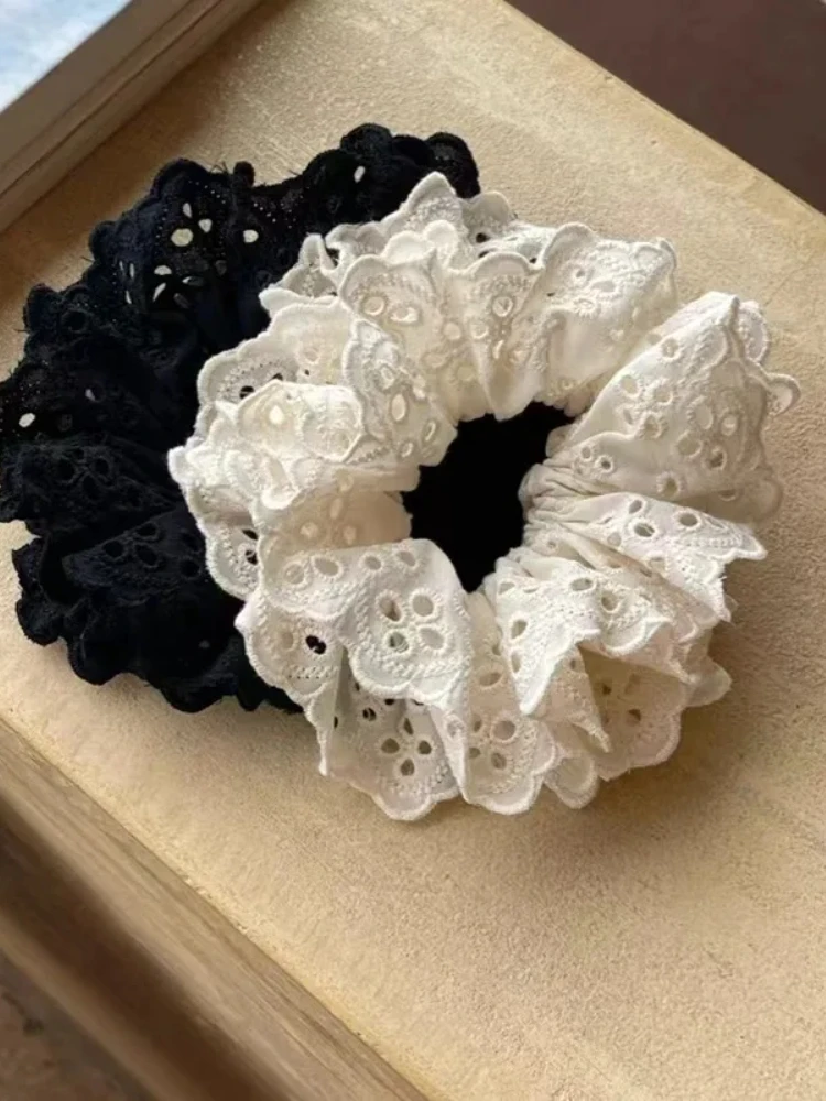 Korean Embroidery Hollowed Lace Ruffled Double-layer Scrunchie for Women Girls Lolita Elegant Ponytail Headwear Hair Accessories