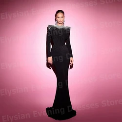2025 Black Women Evening Dresses High Neck Mermaid Prom Gowns Long Sleeve Beaded Party Customized Vestido De Gala Noche Mujer