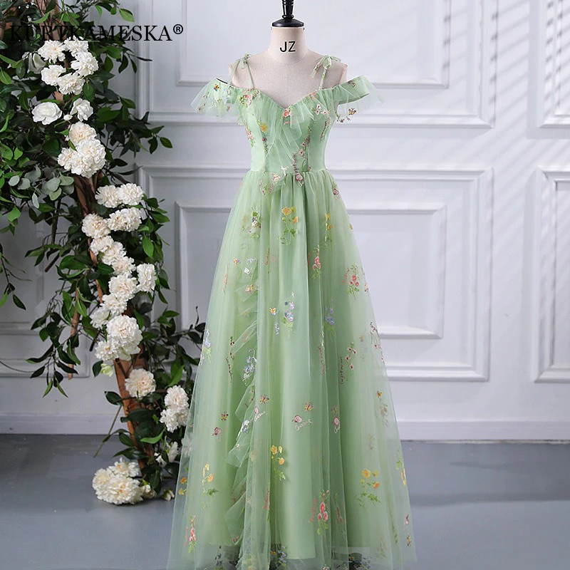 

Luxury Floral Embroidery Long Prom Evening Evening Dress for Women Wedding Shooting Dresses Summer Party Formal Reception Dress