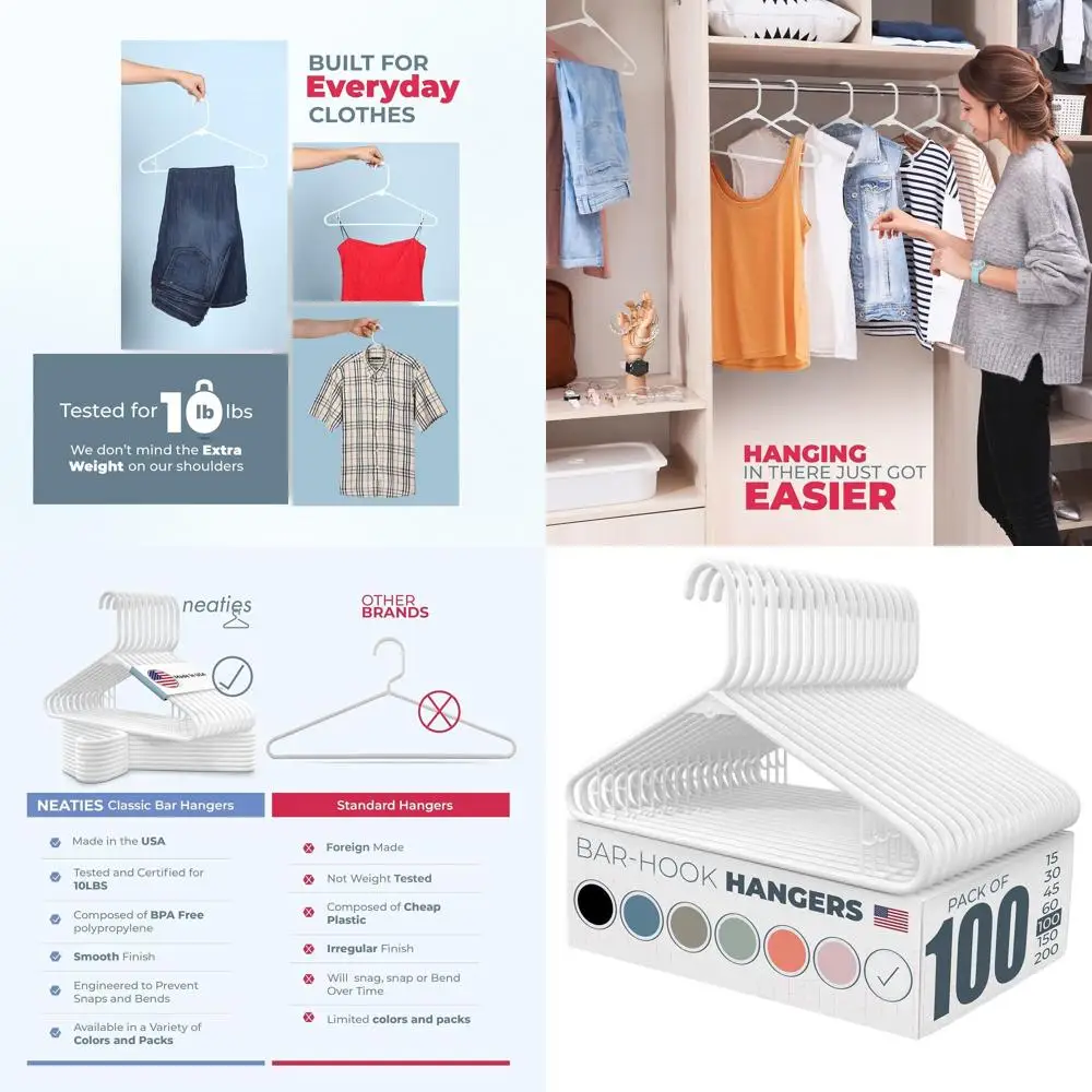 

100 Pack White Plastic Hangers - Strong for 6lb Capacity, Ideal for Dresses, Lingerie, Shirts, and Pants - Made in USA